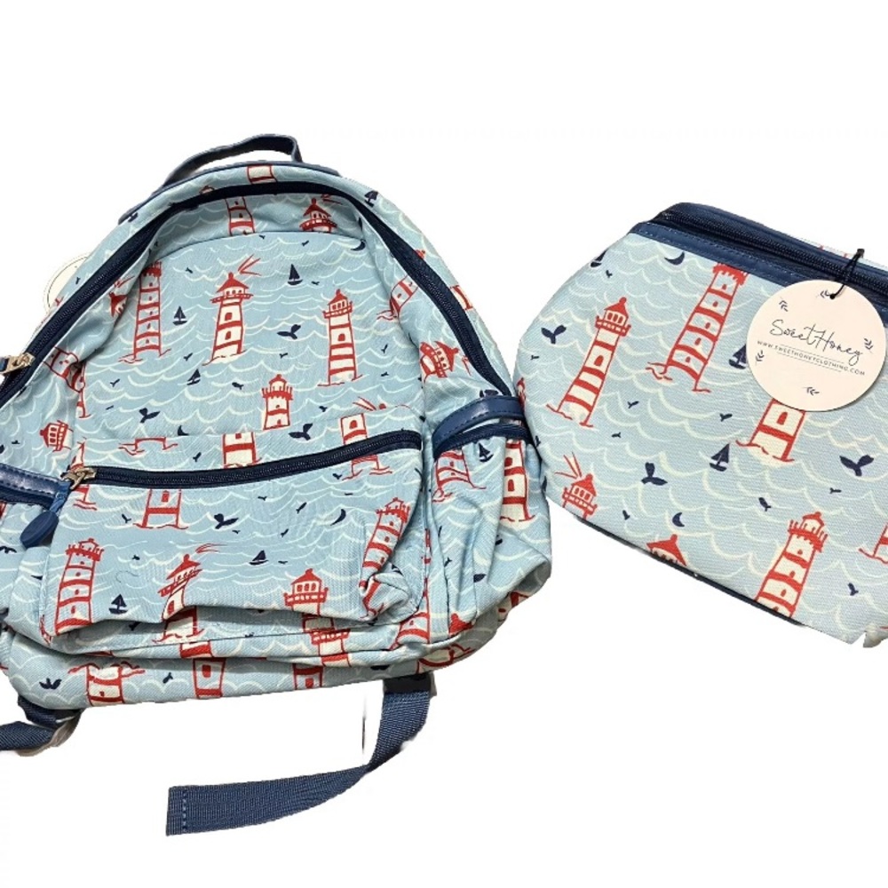 NWT Sweet Honey Backpack & Lunch Bag Blue Lighthouses Seagulls Full Size